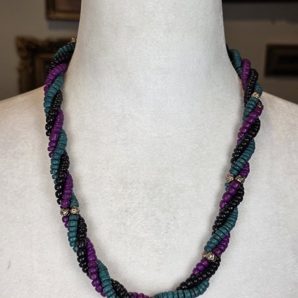 Vintage Chunky Twisted Beaded Necklace Teal Purple Black Multi-Strand Statement - Picture 2 of 10